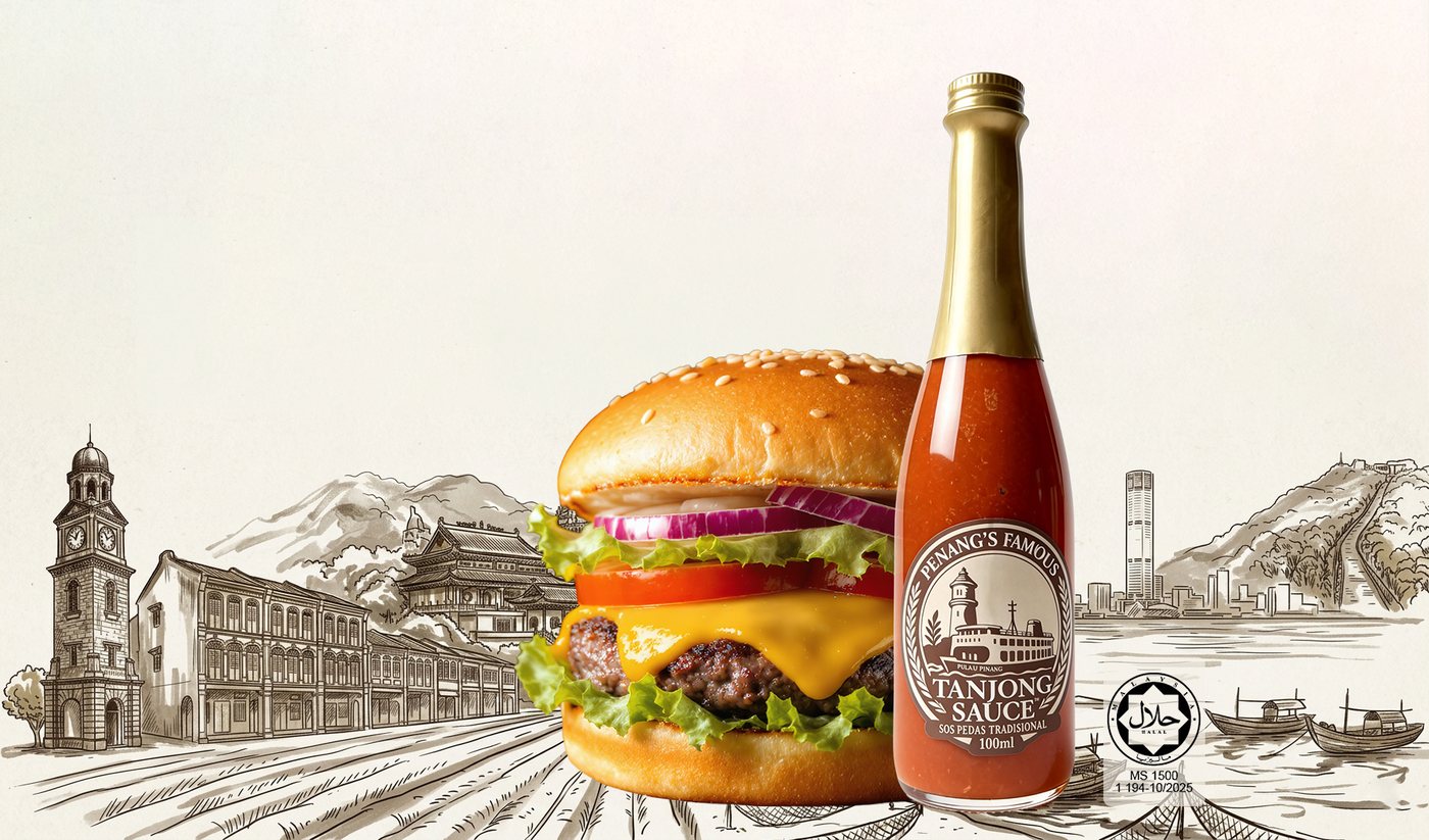 Tanjong Sauce hero - burger and bottle over Penang sketch