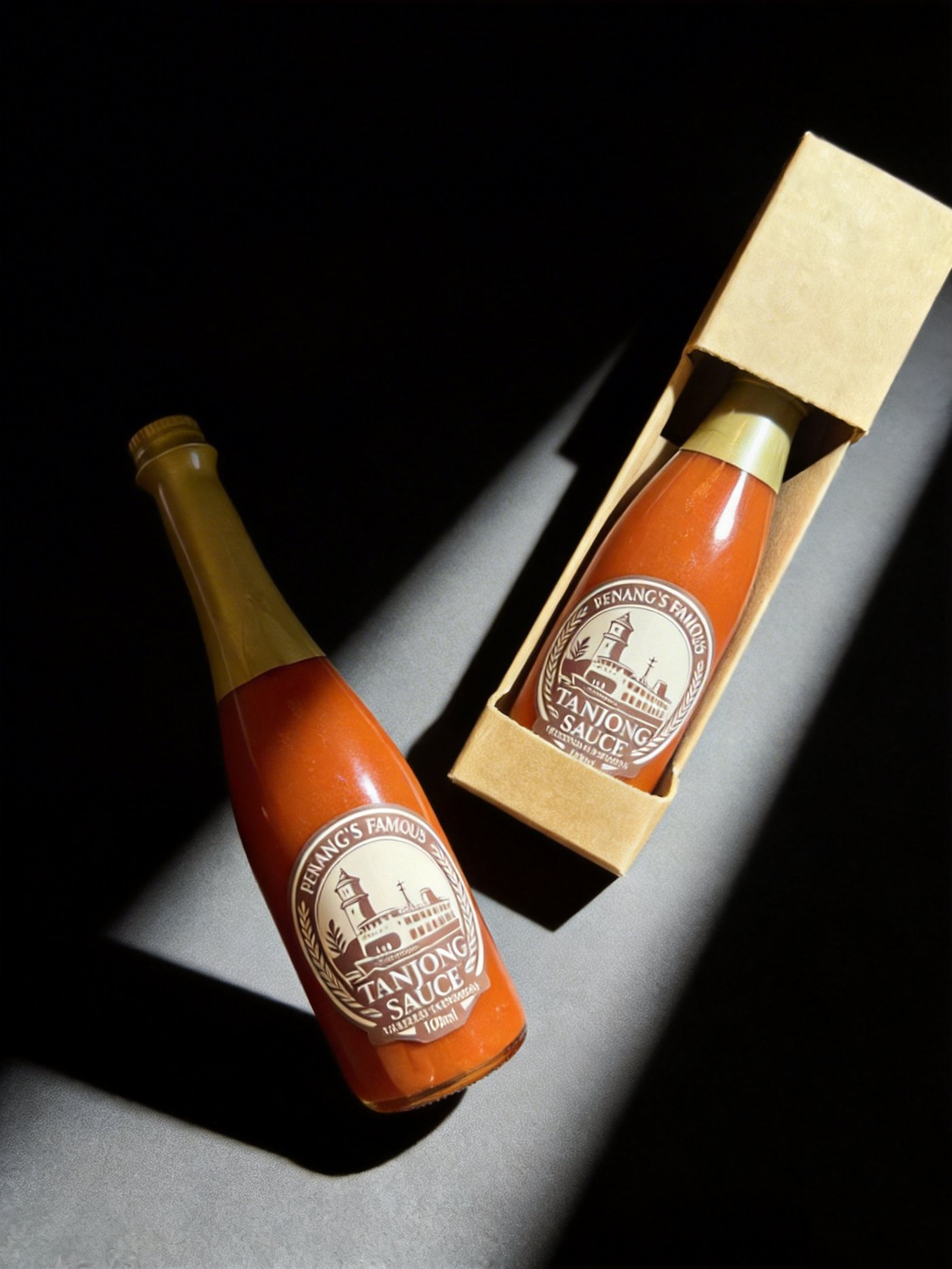 Tanjong Sauce premium bottles - dark editorial shot